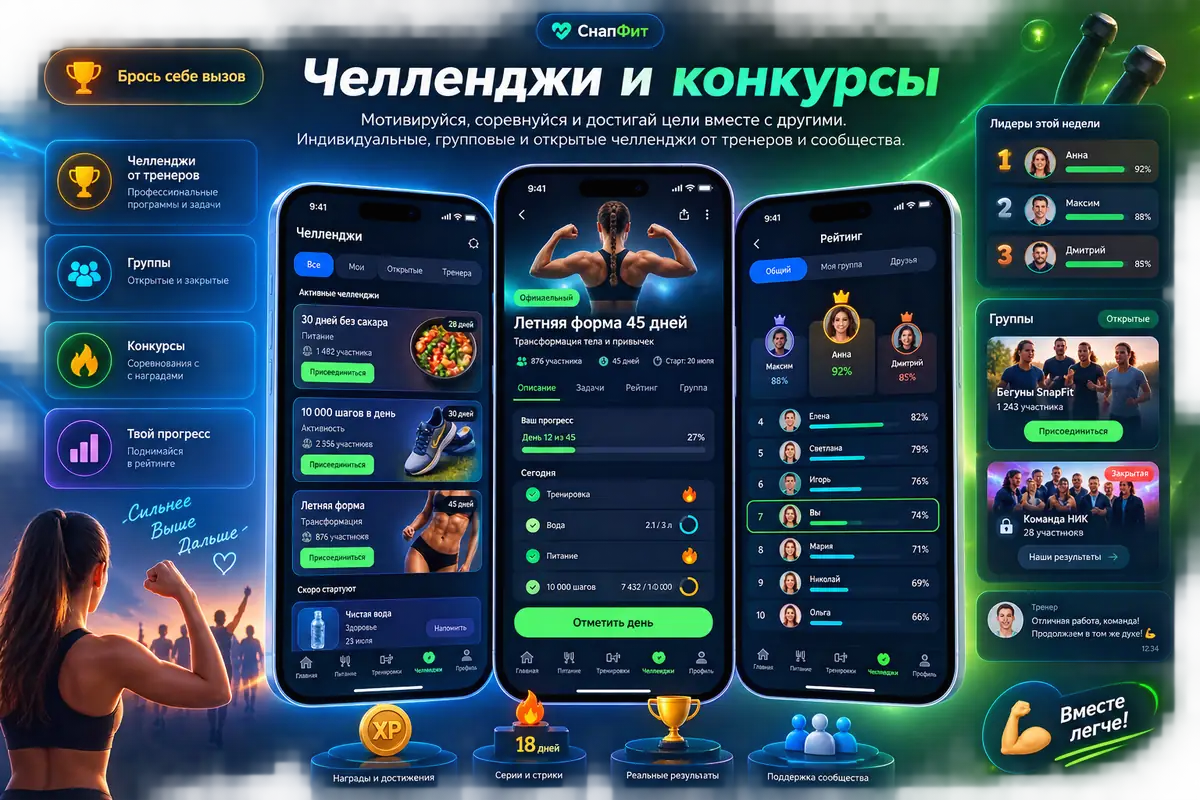 Иллюстрация: экраны челленджей — список челленджей, прогресс дня и рейтинг участников