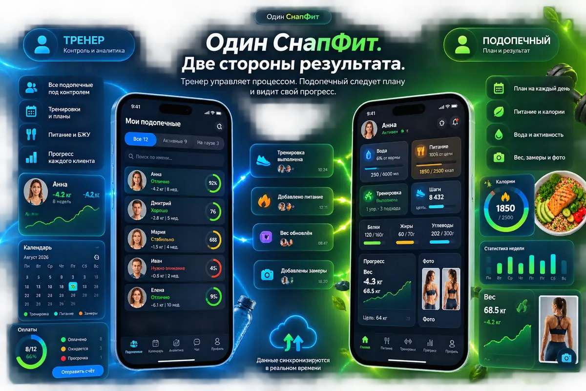 Иллюстрация: телефон тренера со списком подопечных и телефон подопечного с планом дня, питанием и прогрессом